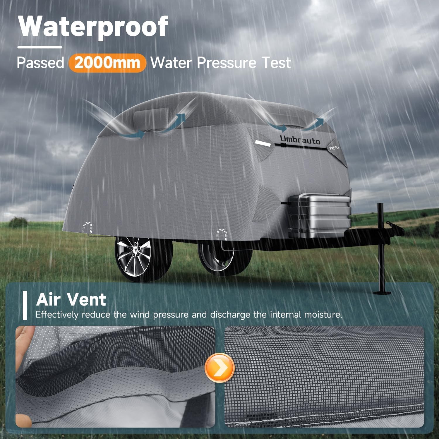 Umbrauto teardrop cover storm-proof straps and wind resistance in action.