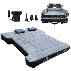 Umbrauto truck bed air mattress fully extended in a short bed, cozy camping sleep surface.