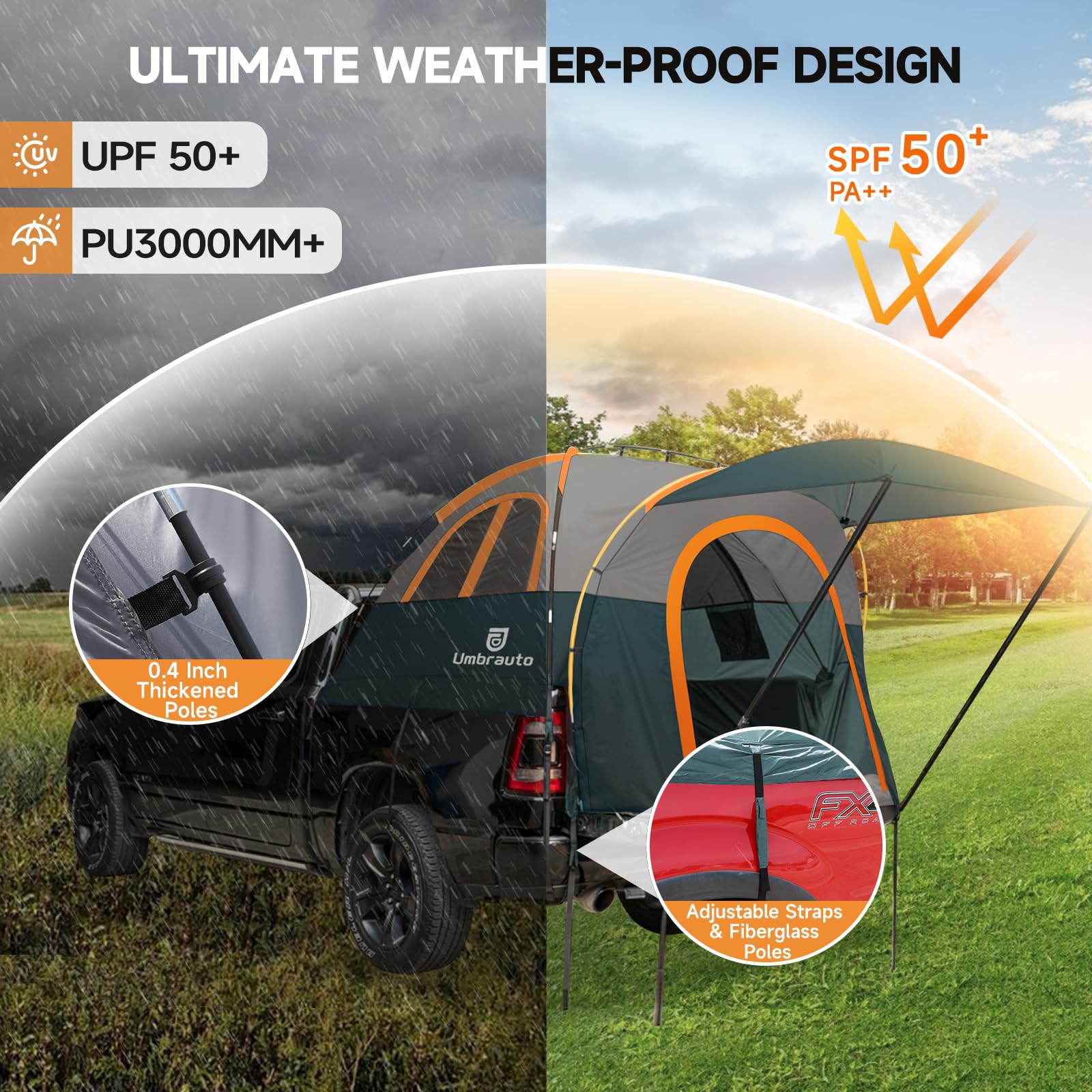 Umbrauto truck bed tent expands with a large awning for shade.