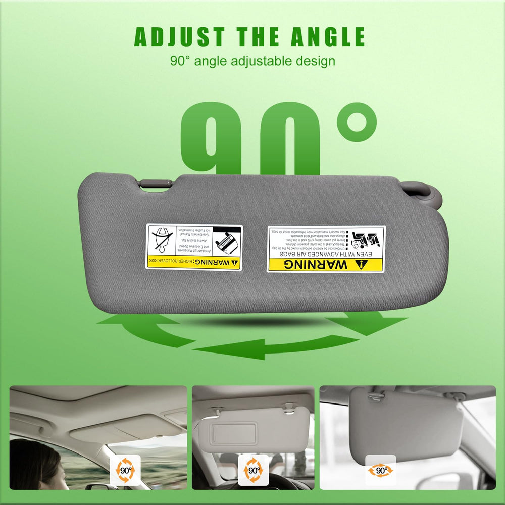 Gray sun visor assembly reduces glare and adds built-in light.