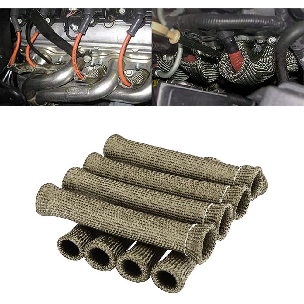 Ummickl 8-pack titanium spark plug wire heat shield protecting wires near exhaust header