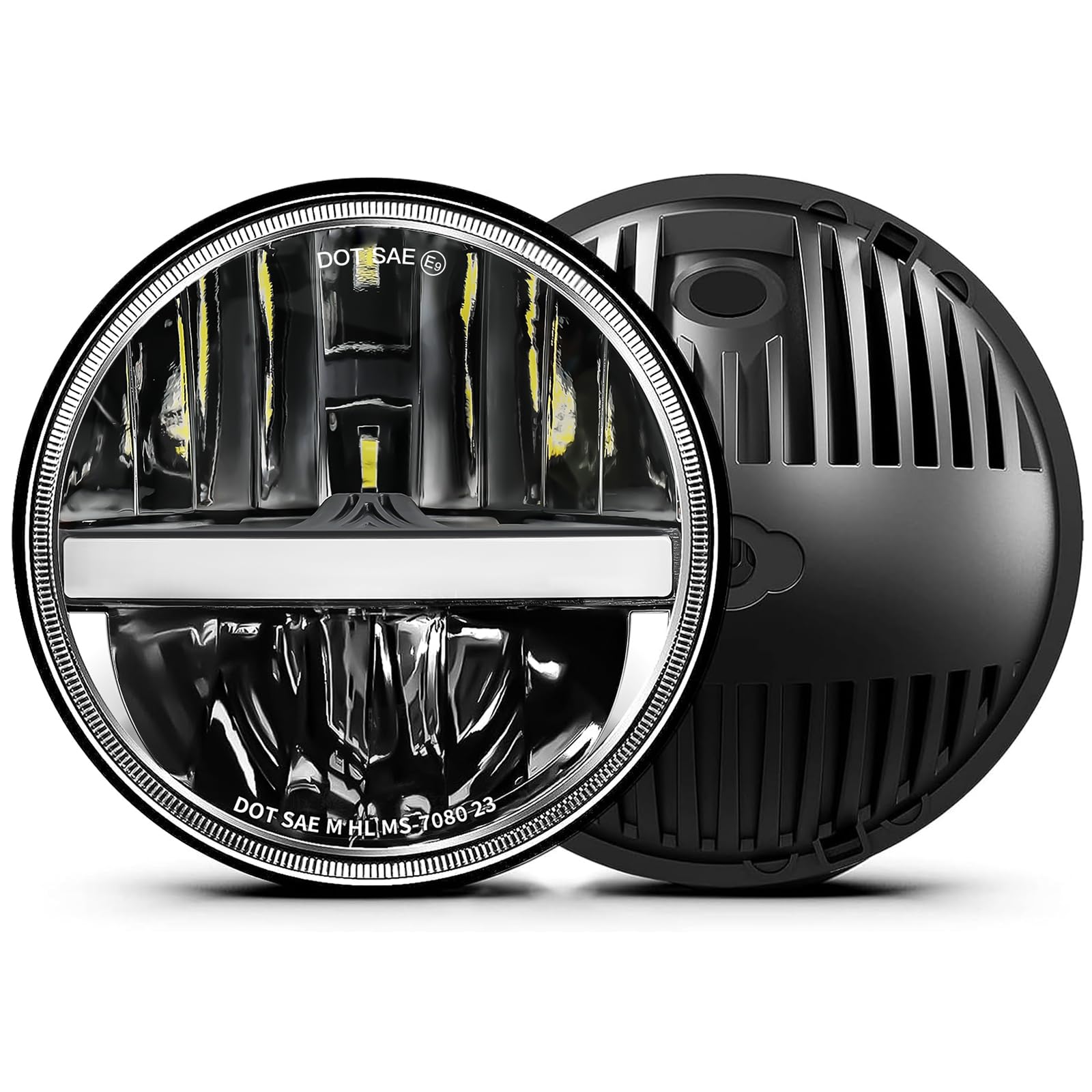 UNI-SHINE 7-Inch LED headlights front view with bright, even illumination.