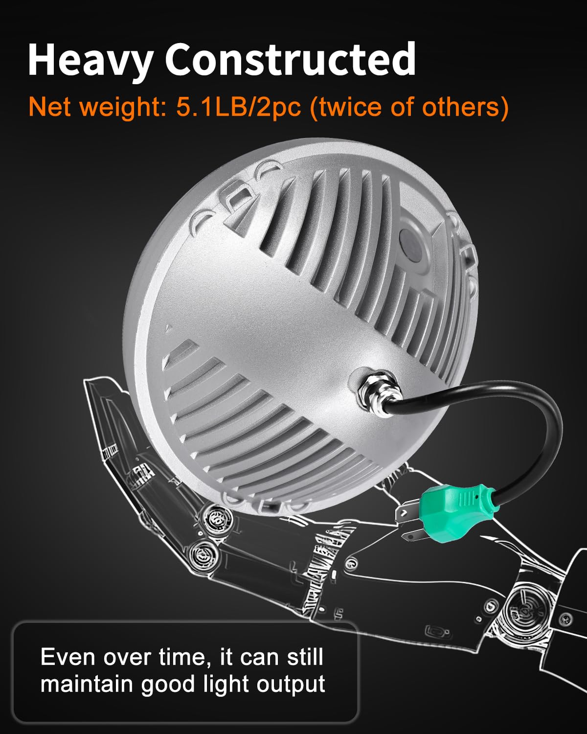 UNI-SHINE 7 inch LED headlight chrome back housing shows durable die-cast construction