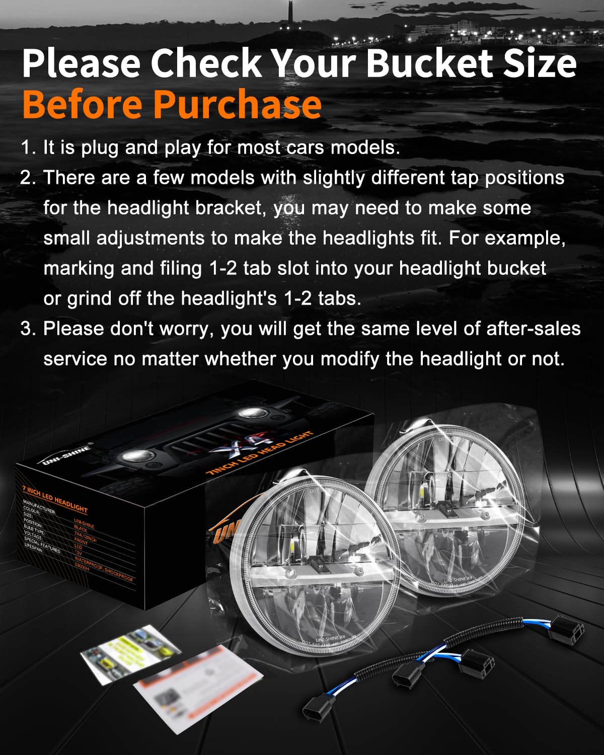 UNI-SHINE 7 inch LED headlight chrome built-in decoder reduces flicker in many cars