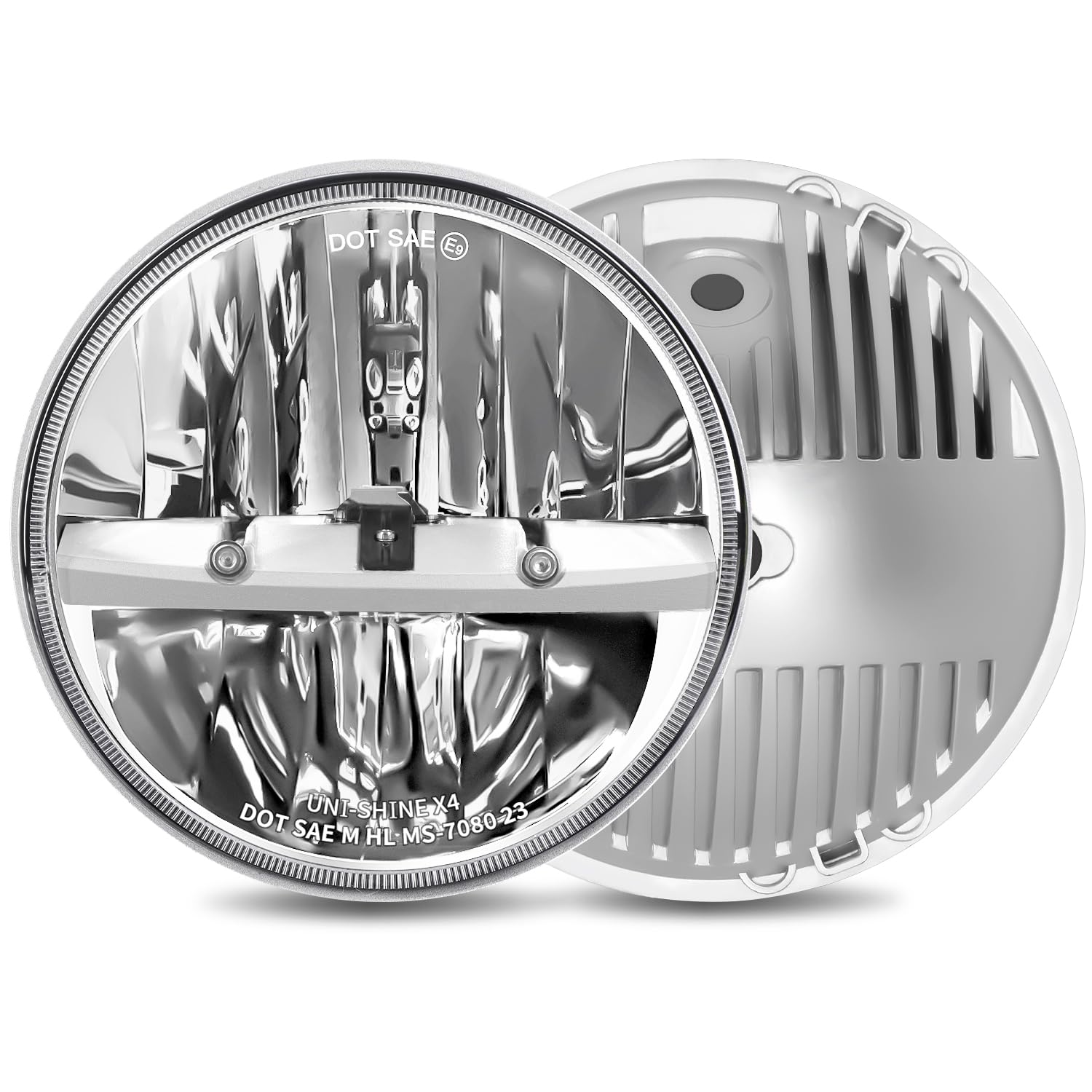 UNI-SHINE 7 inch LED headlight chrome front view enhances visibility on the road