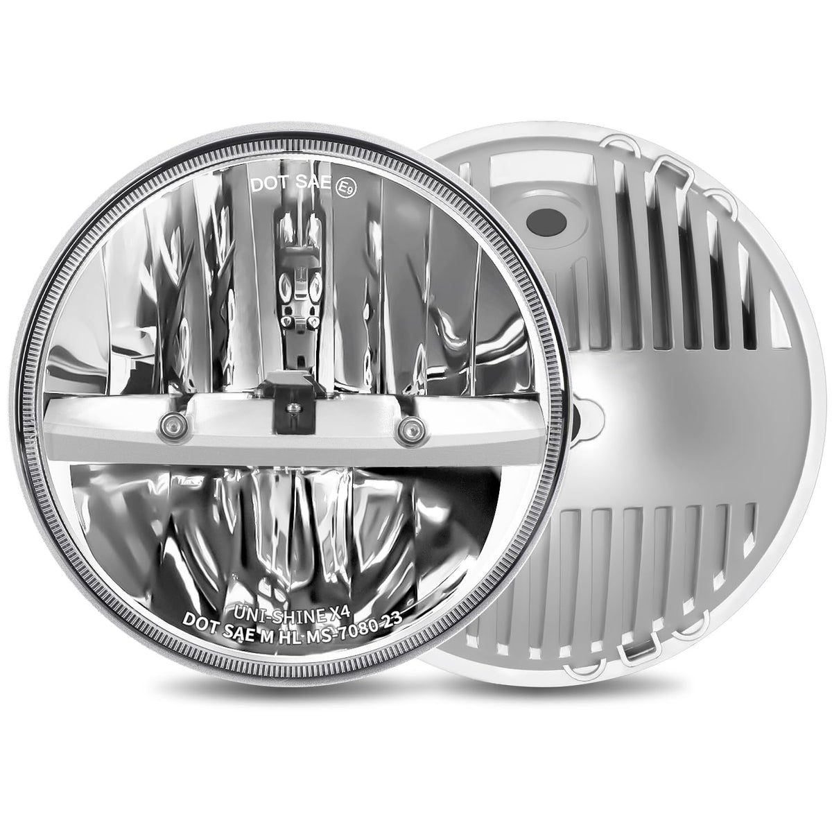 UNI-SHINE 7 inch LED headlight chrome front view enhances visibility on the road