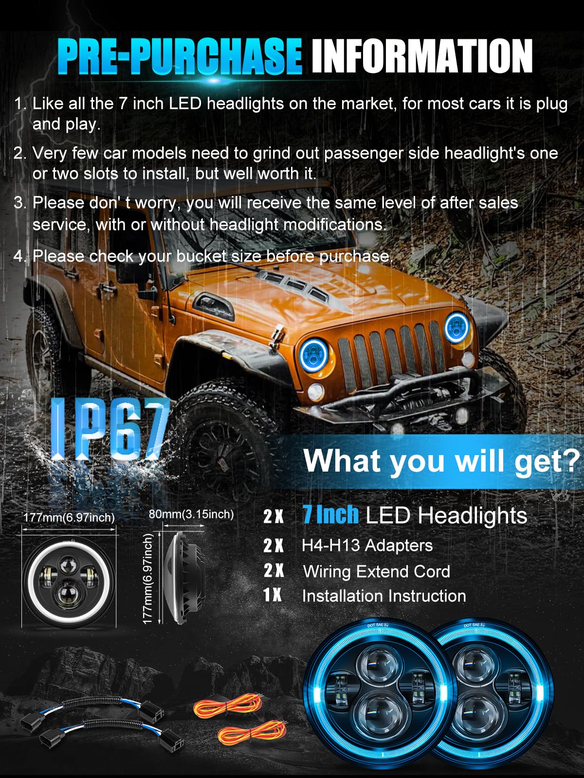UNI-SHINE Jeep Wrangler-compatible 7-inch headlight fits JK/TJ/CJ models