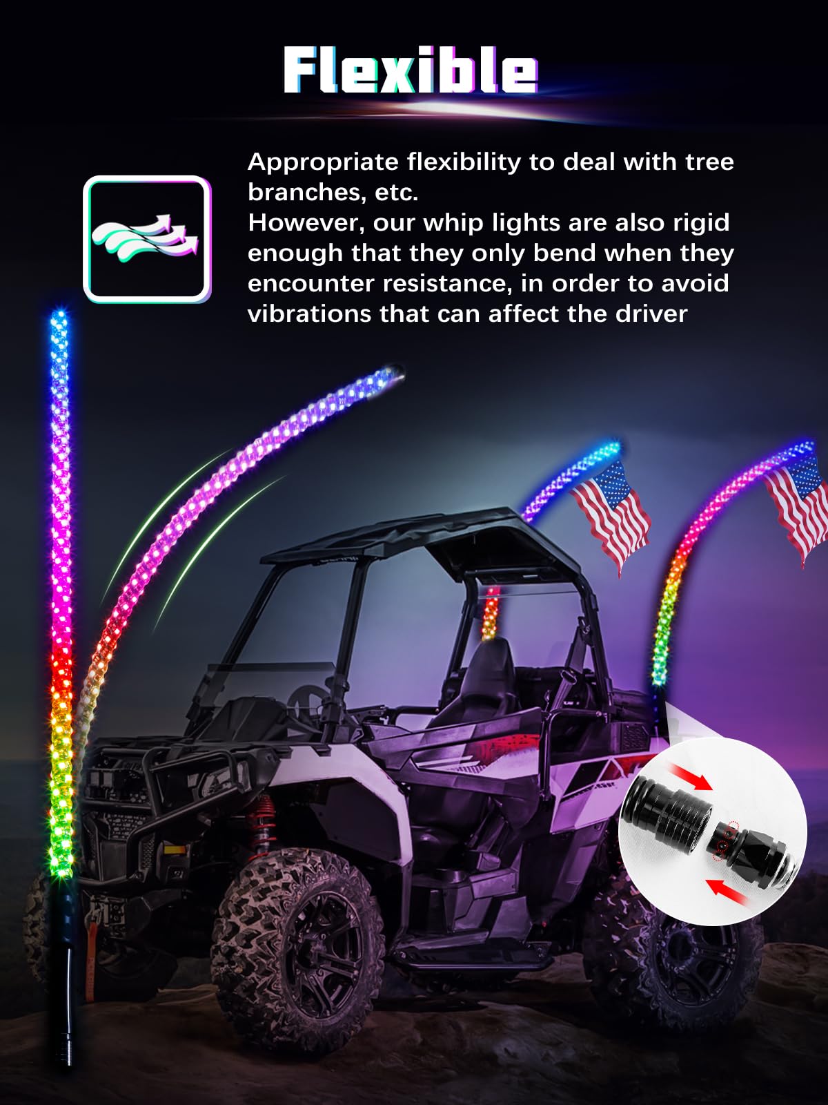 UNI-SHINE quick-release whip light design for easy removal and storage.