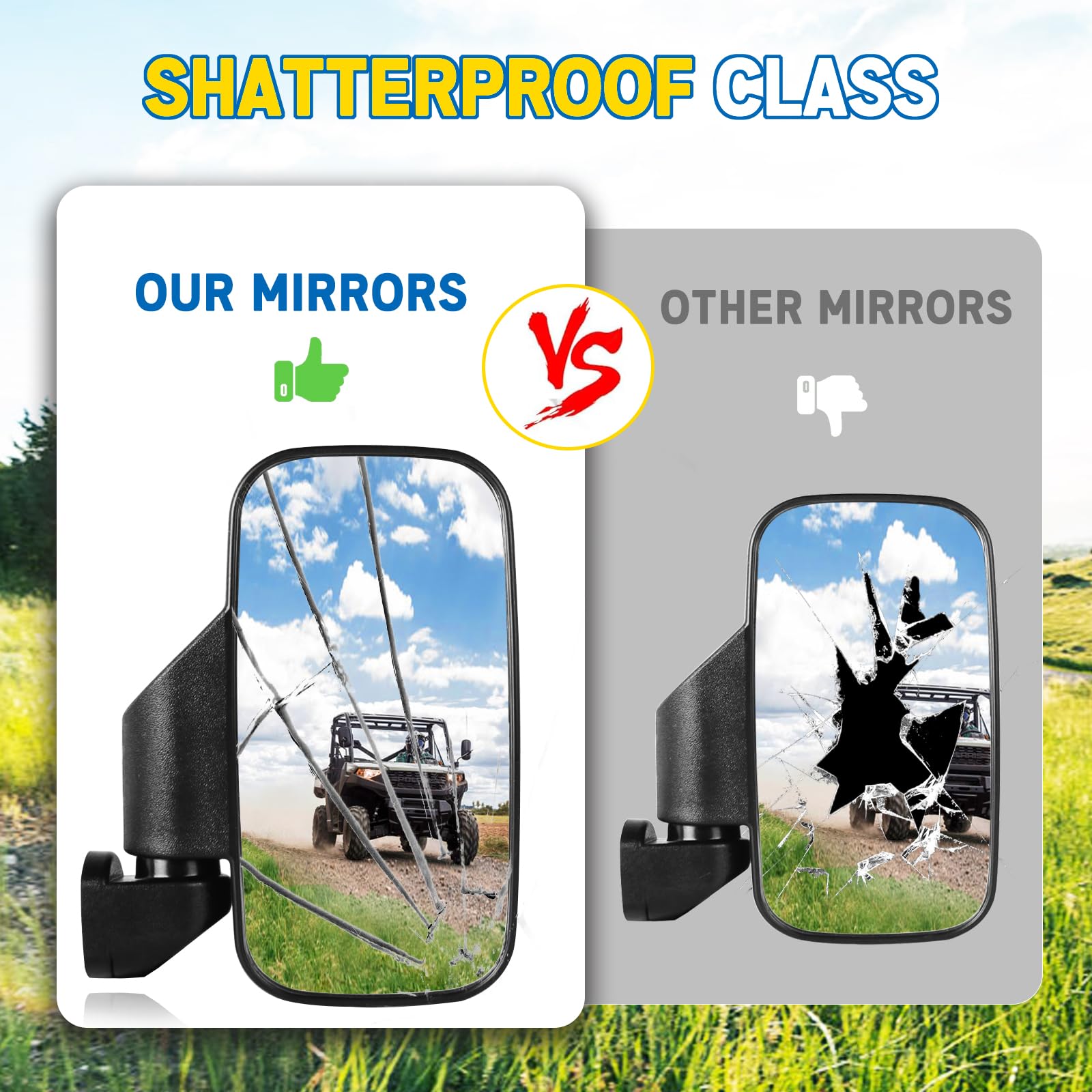 UNIGT UTV breakaway mirror safely folds to reduce damage in obstacles.