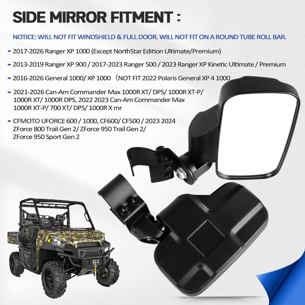 UNIGT UTV rear-side-view mirror on passenger side improves awareness behind you.