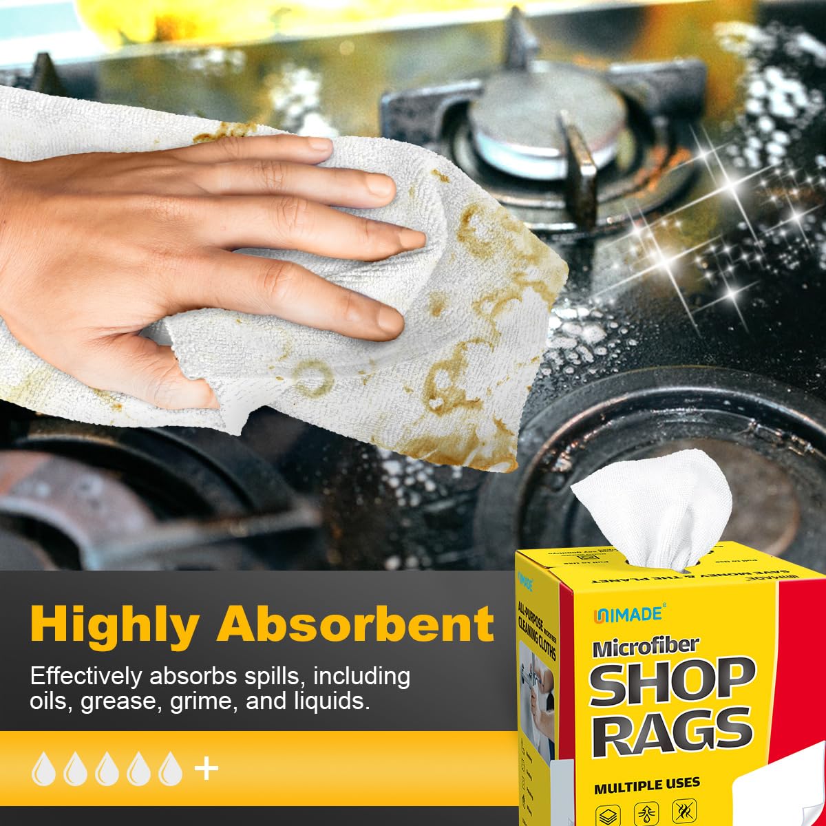 UNIMADE shop rags absorbent microfiber in action on spills.