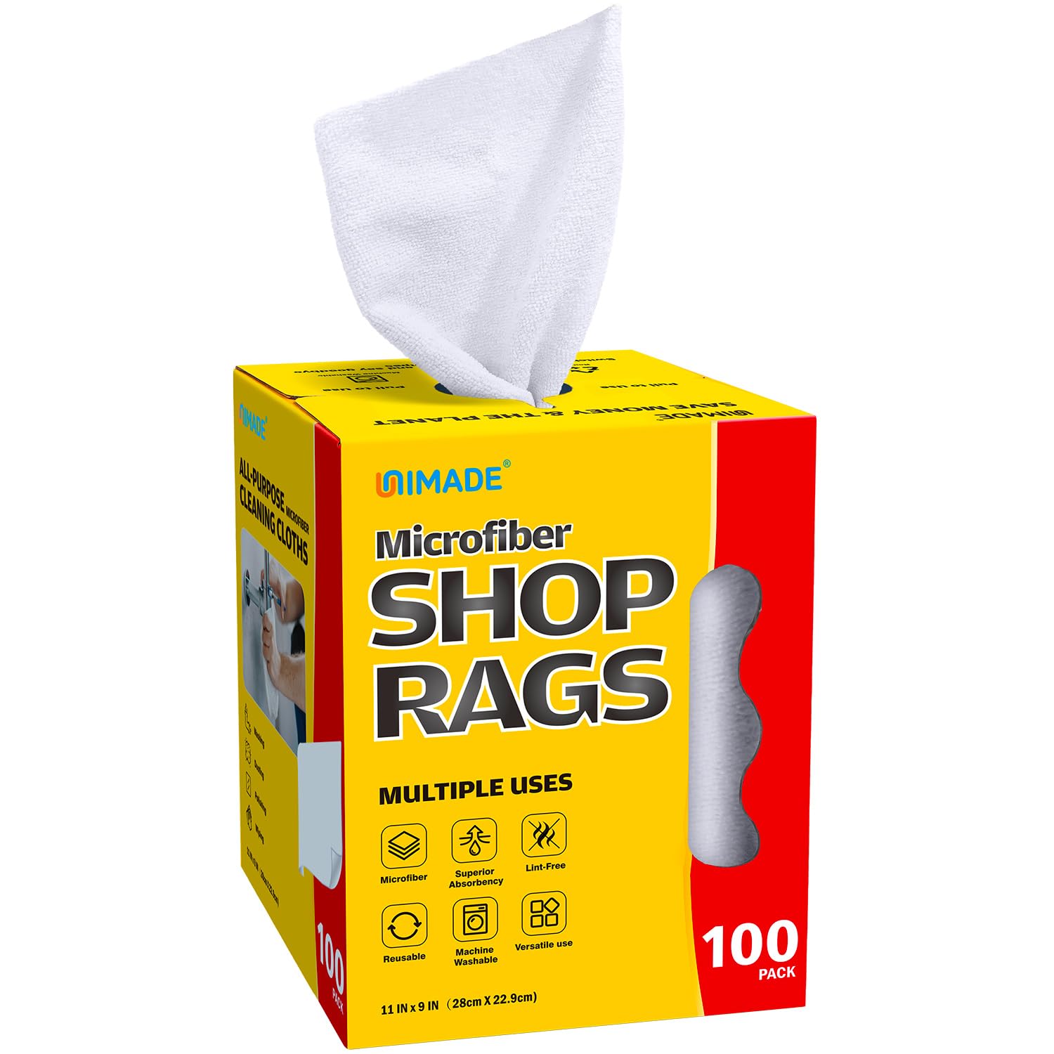 UNIMADE shop rags dispensing towels from a convenient opening for quick access.