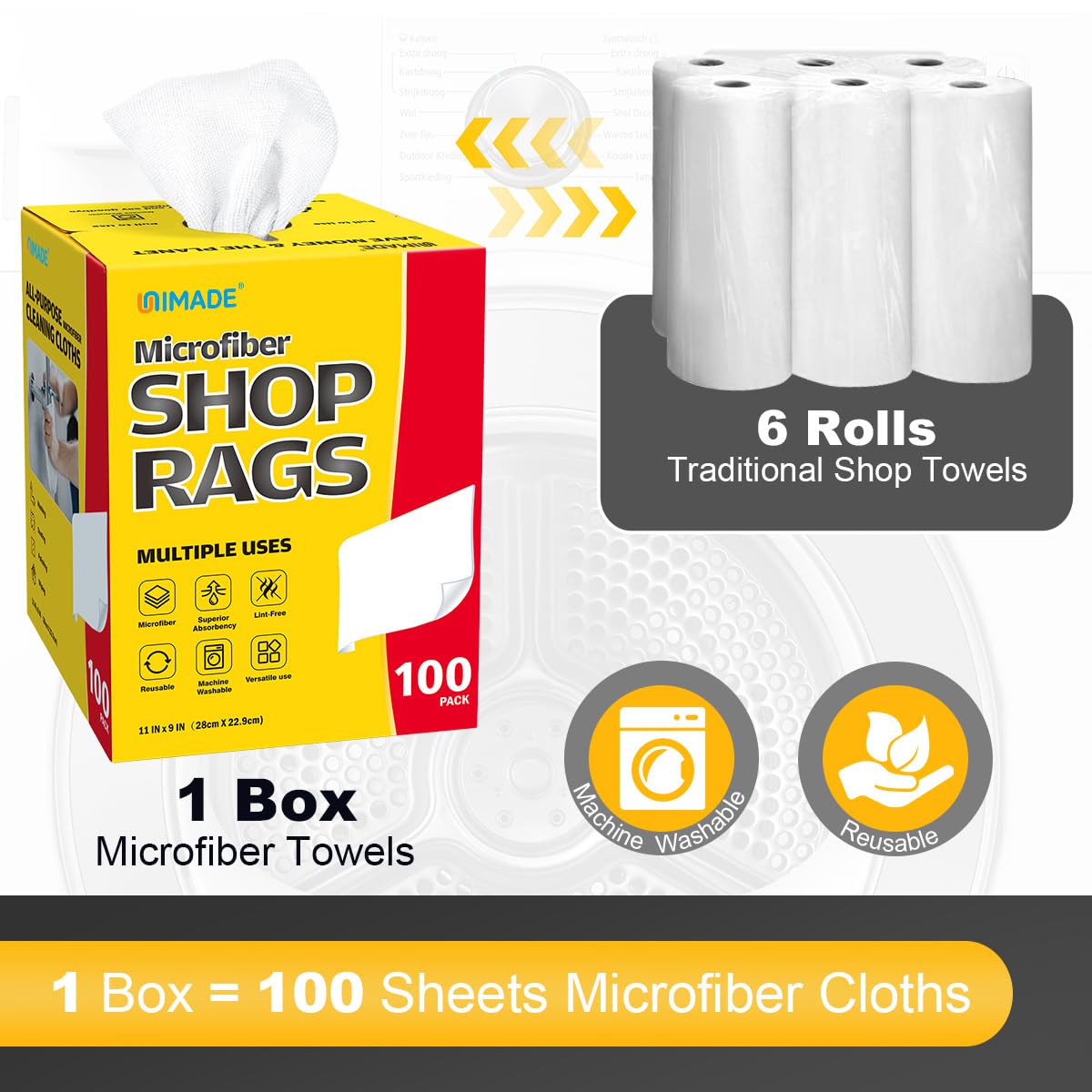 UNIMADE shop rags with lint-free microfiber for scratch-free surfaces.