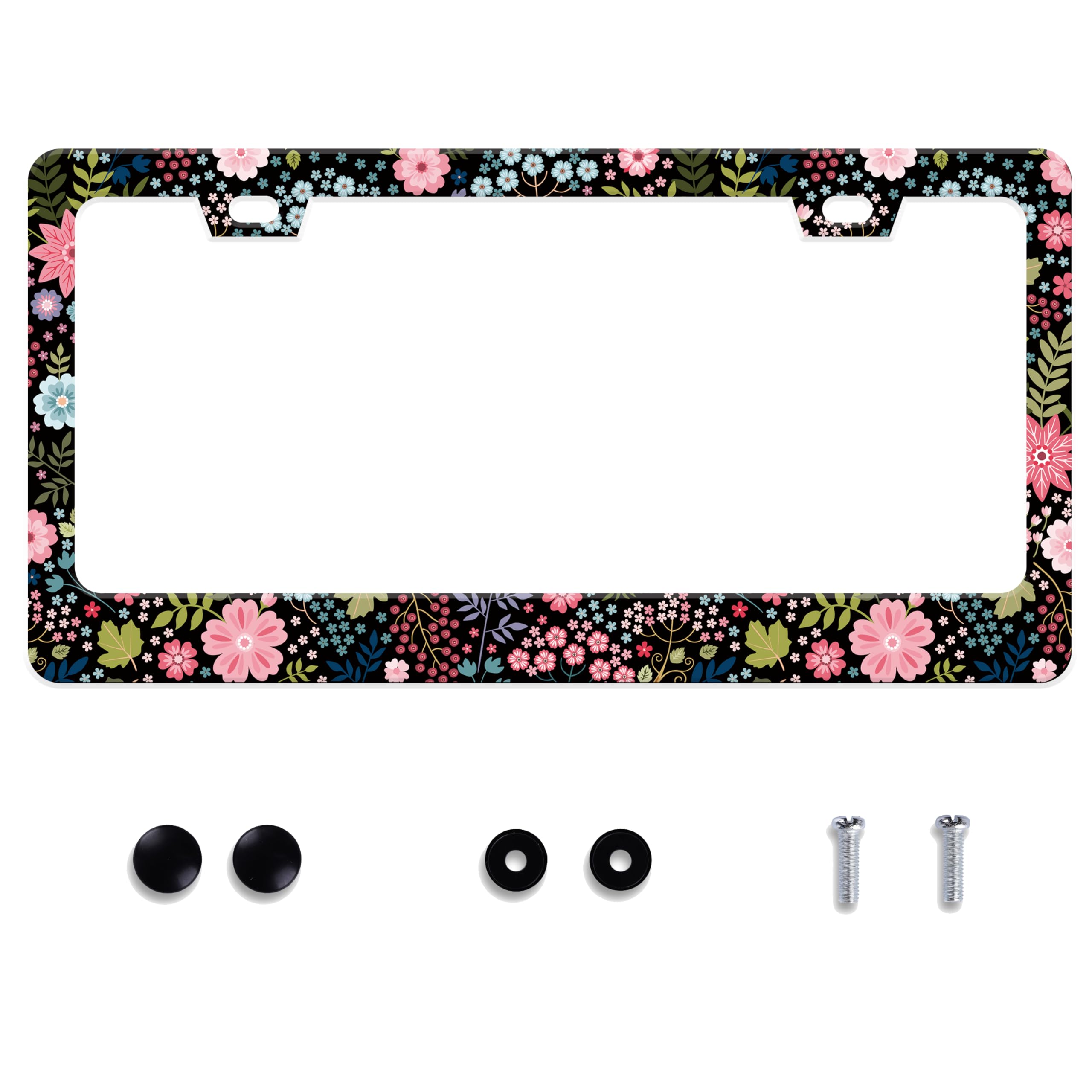 UNINDREM floral-license-frame stainless-steel close-up shows durable finish