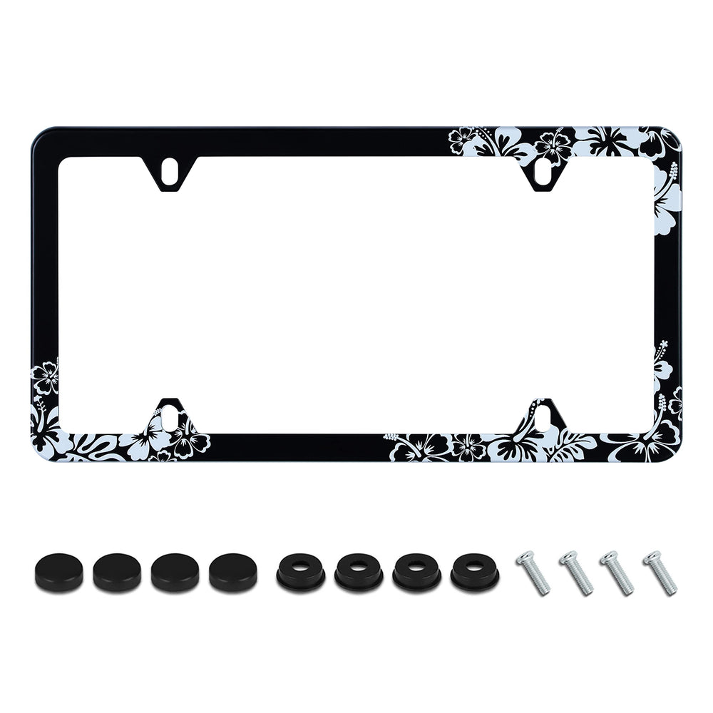 UNINDREM hibiscus flower license frame front view adds tropical style and plate protection.