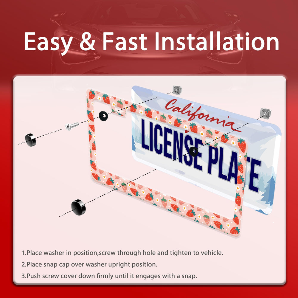 UNINDREM Strawberry license frame back view highlights standard 12x6 inch fit.