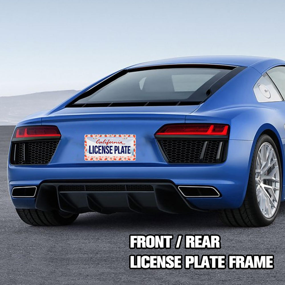 UNINDREM Strawberry license frame on car demonstrates stylish protection.