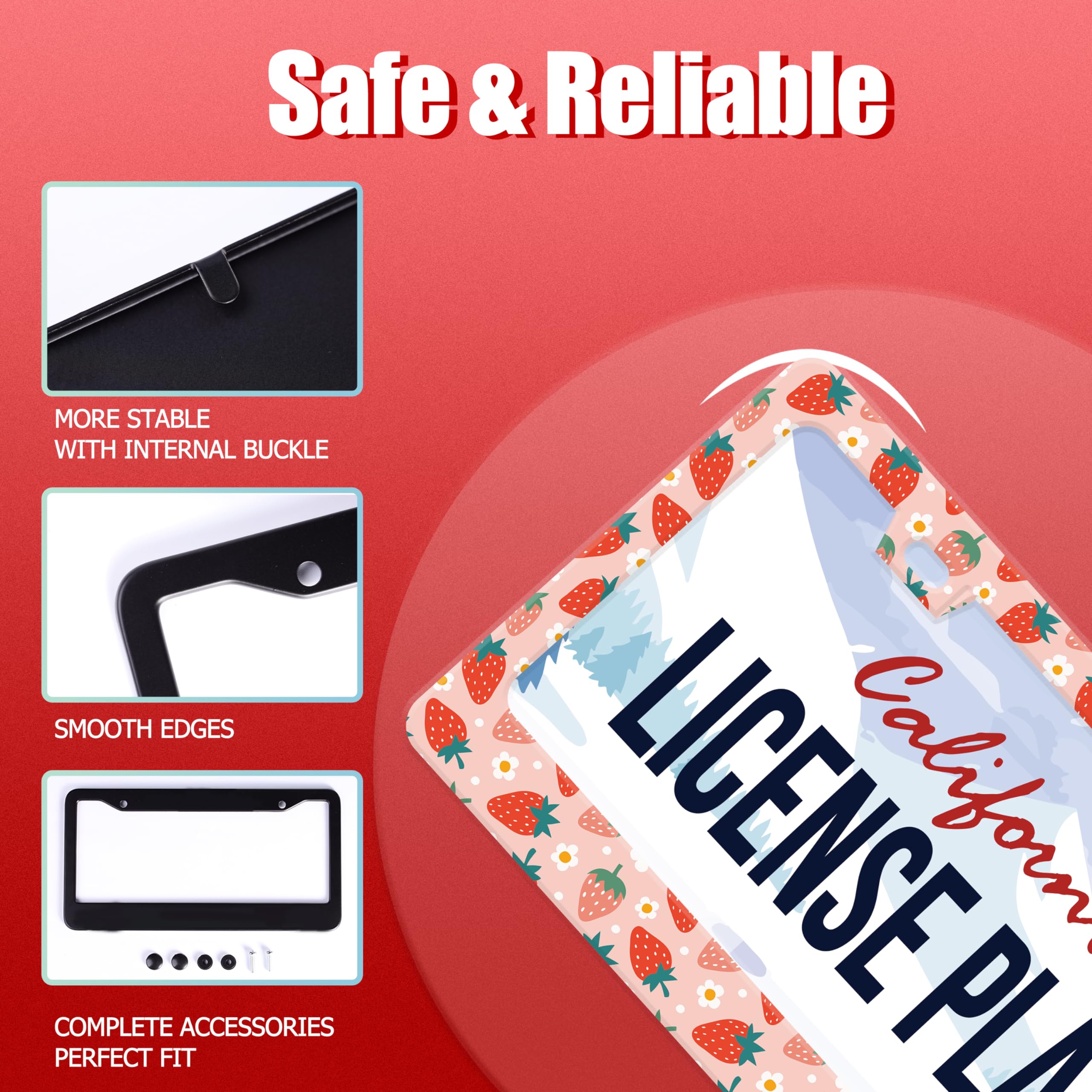 UNINDREM Strawberry license frame packaged with screws and caps for easy installation.