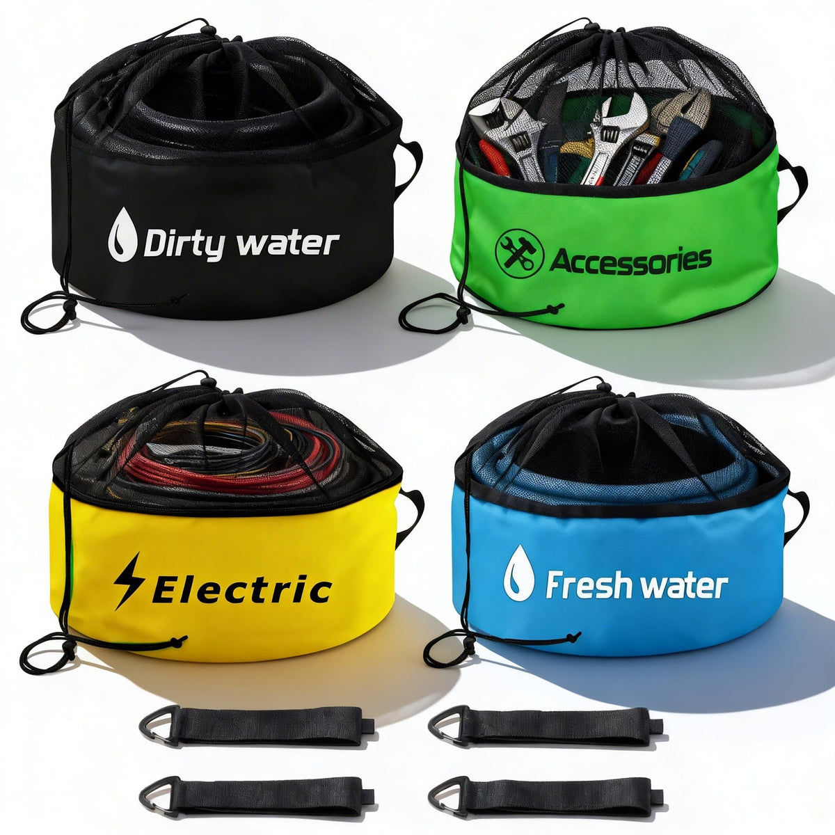 Uningmng 4-pack RV hose storage blue bag keeps fresh water hoses organized and protected.