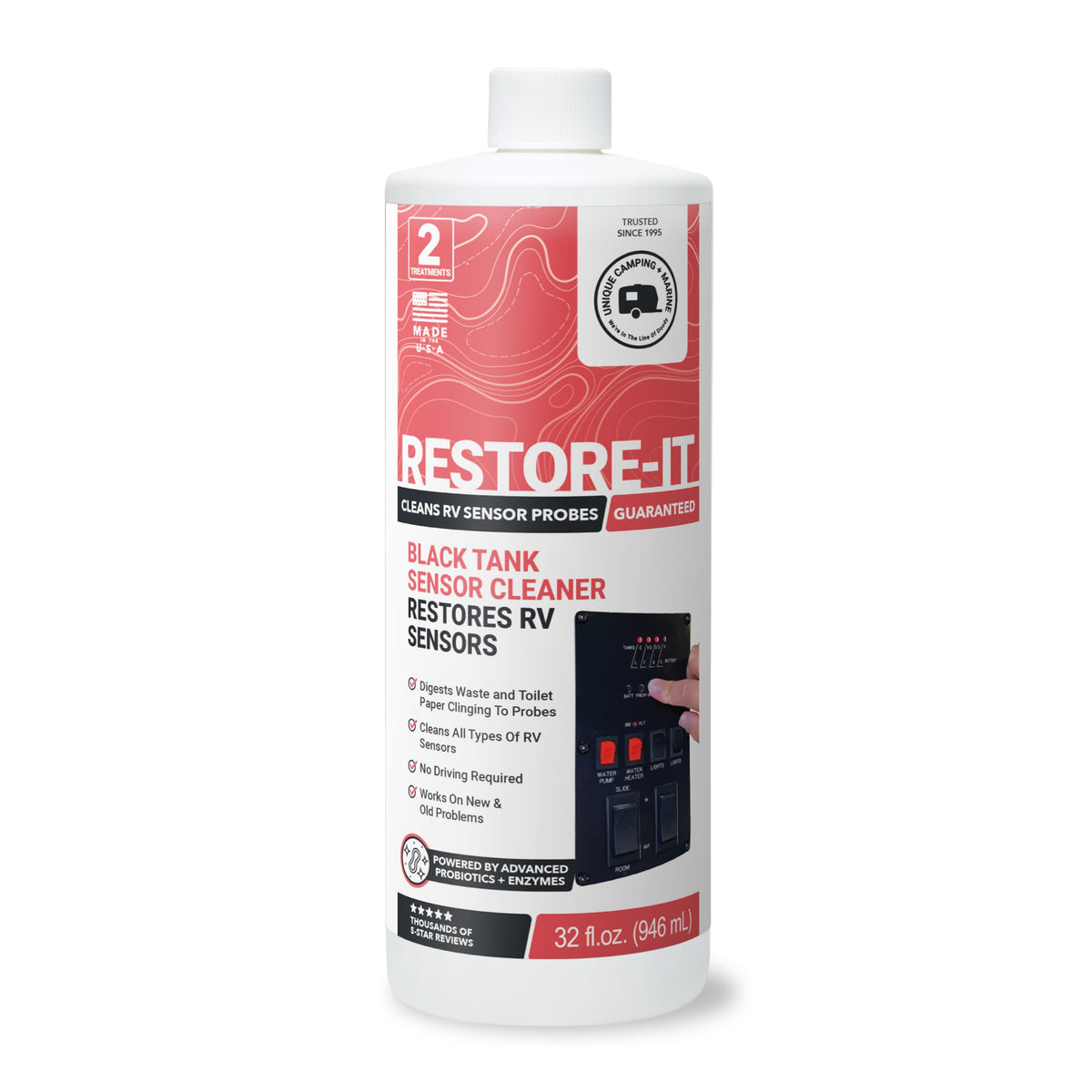 Unique Restore-It RV Sensor Cleaner bottle ready for cleaning sensor probes and preventing misreadings