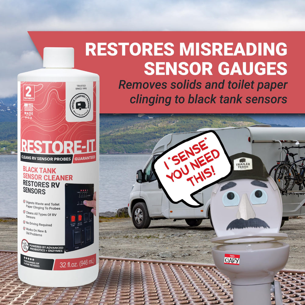 Unique Restore-It packaging highlighting a 32 oz bottle for RV sensor care