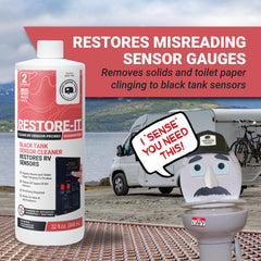 Unique Restore-It packaging highlighting a 32 oz bottle for RV sensor care