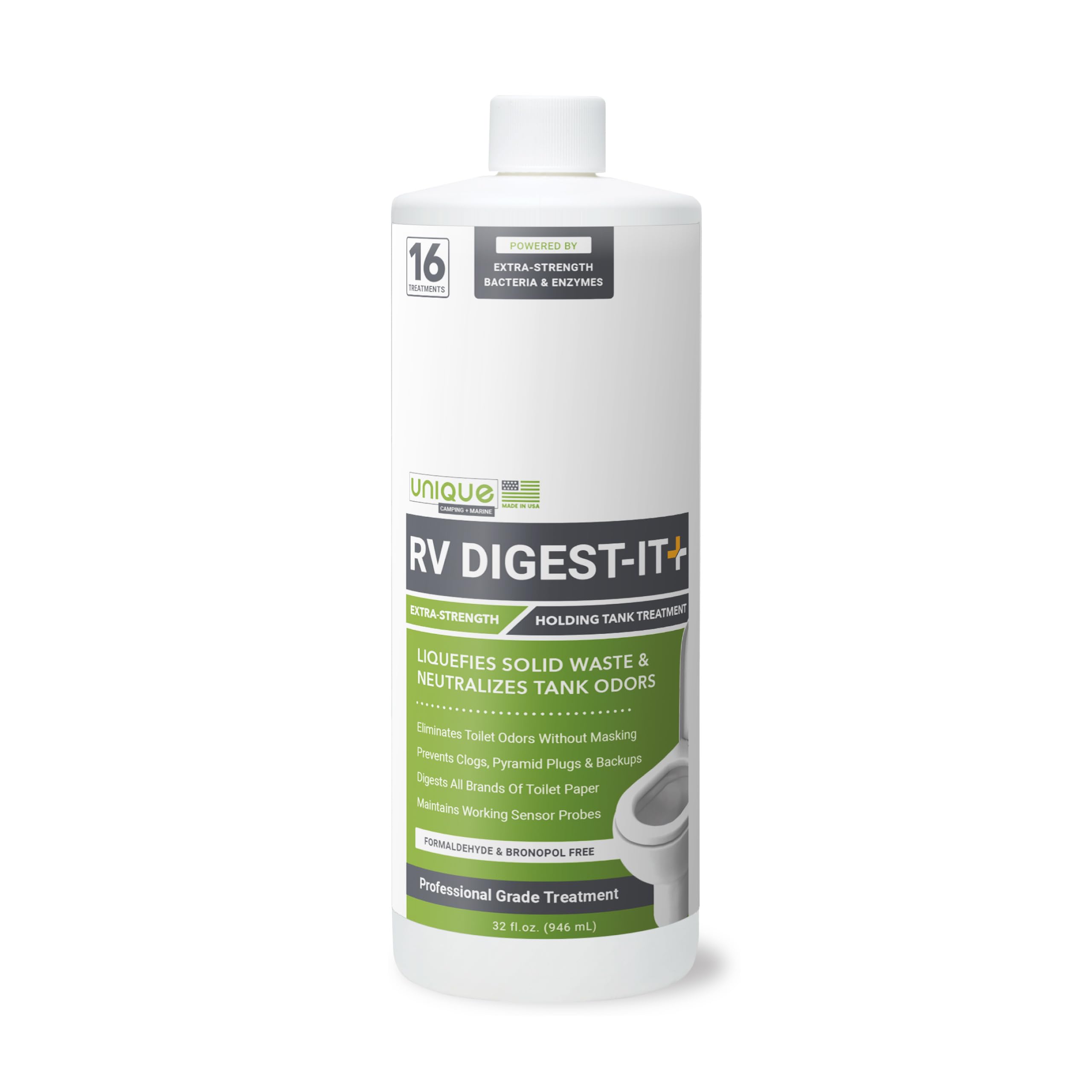 Unique RV Digest-It Plus bottle pour for easy dosing and digestion