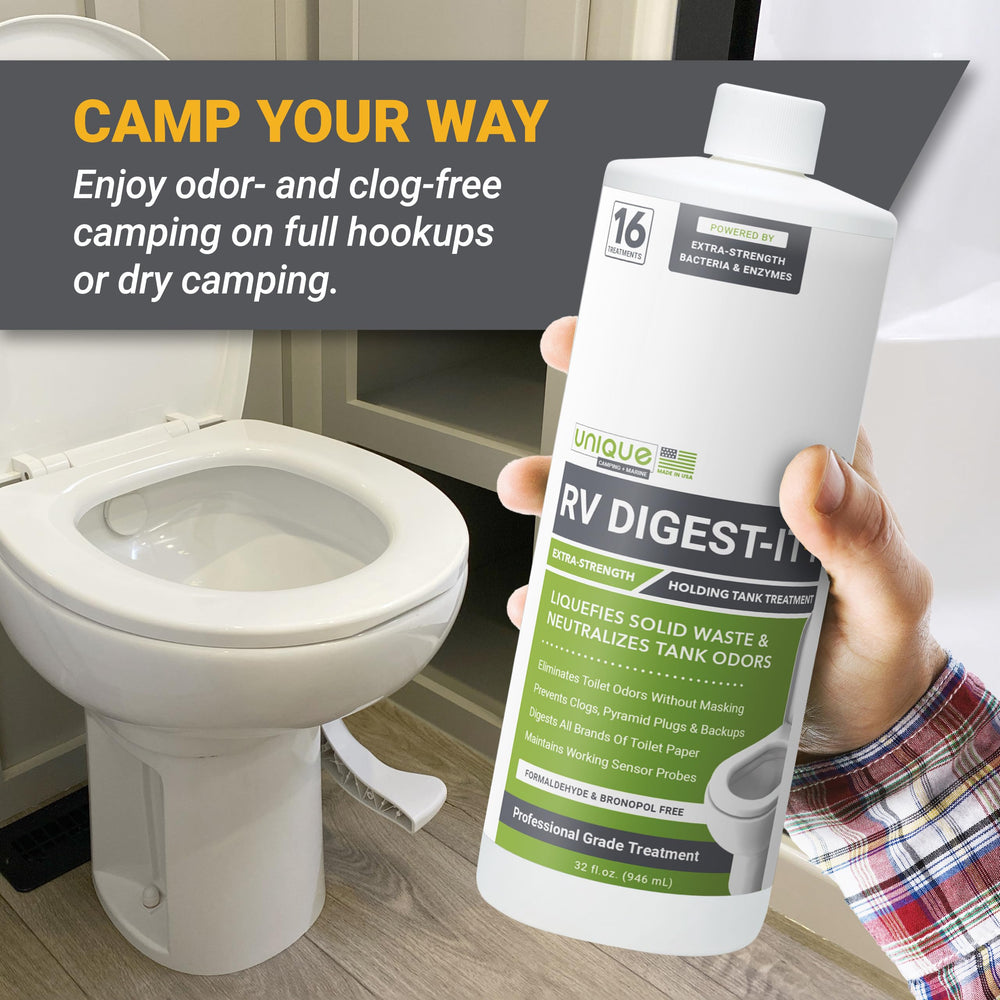 Unique RV Digest-It Plus odor reduction helps keep camping areas fresher