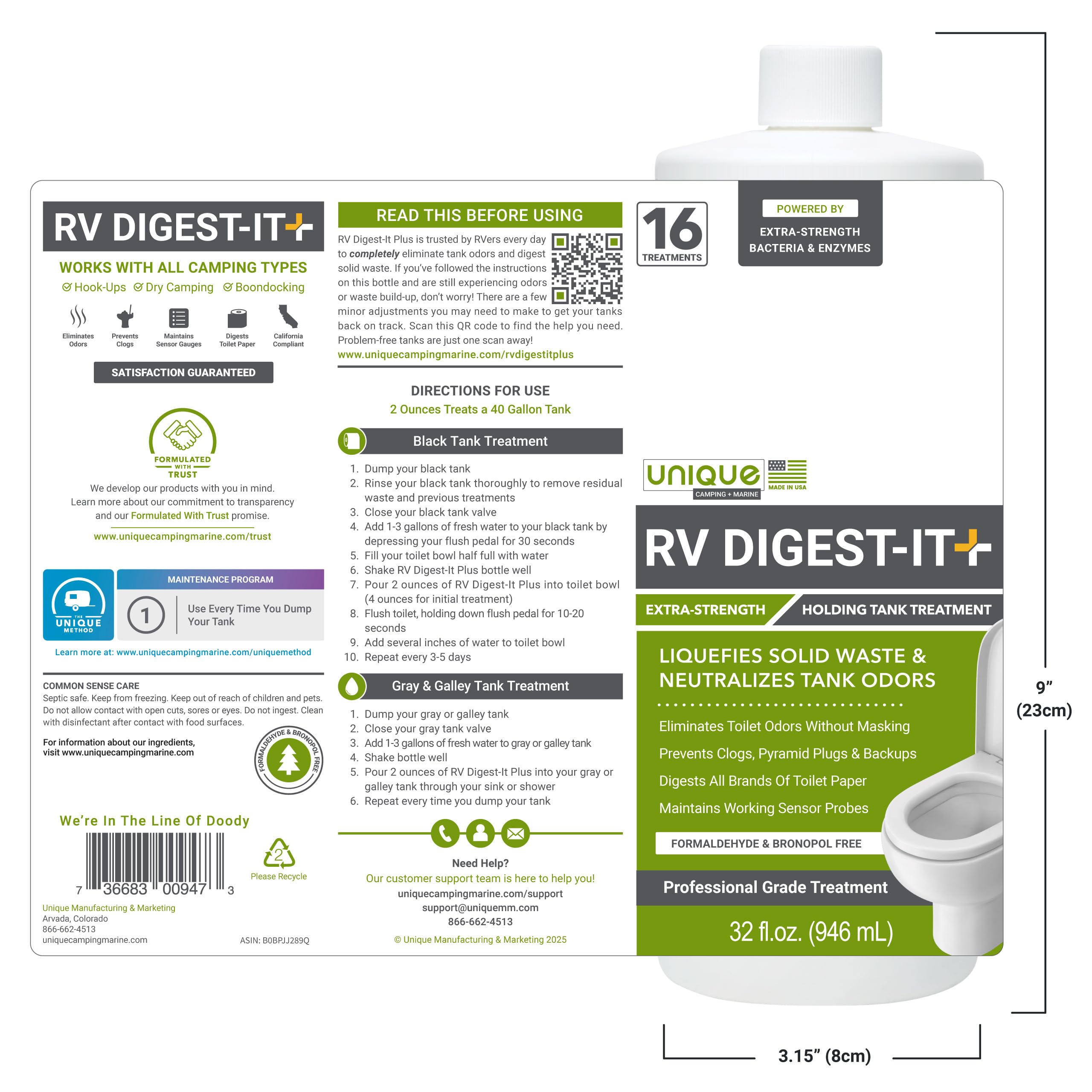 Unique RV Digest-It Plus packaging label highlights 32 oz bottle