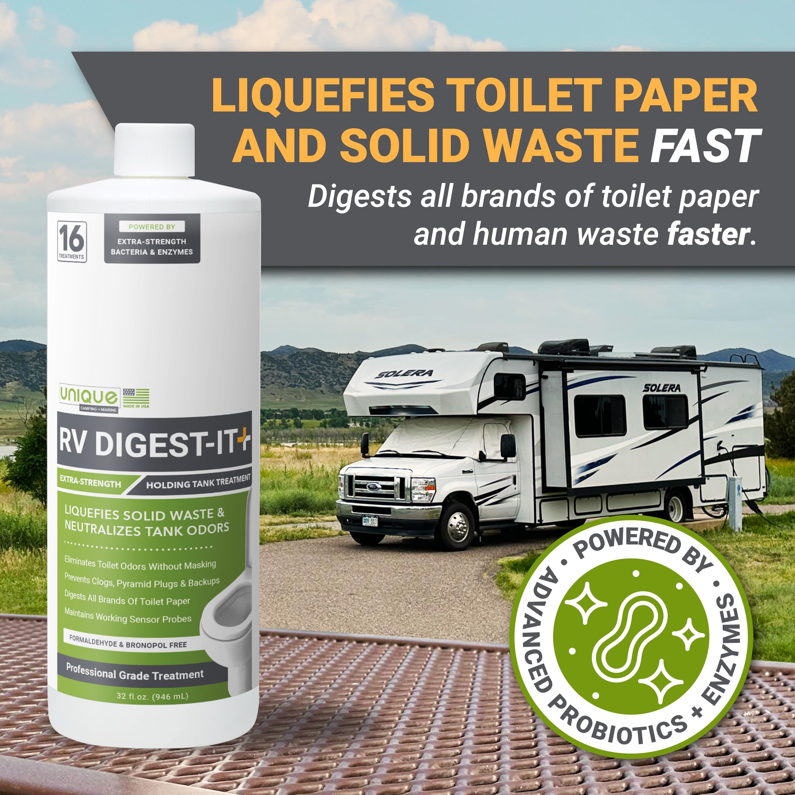 Unique RV Digest-It Plus waste digester action breaks down waste and paper
