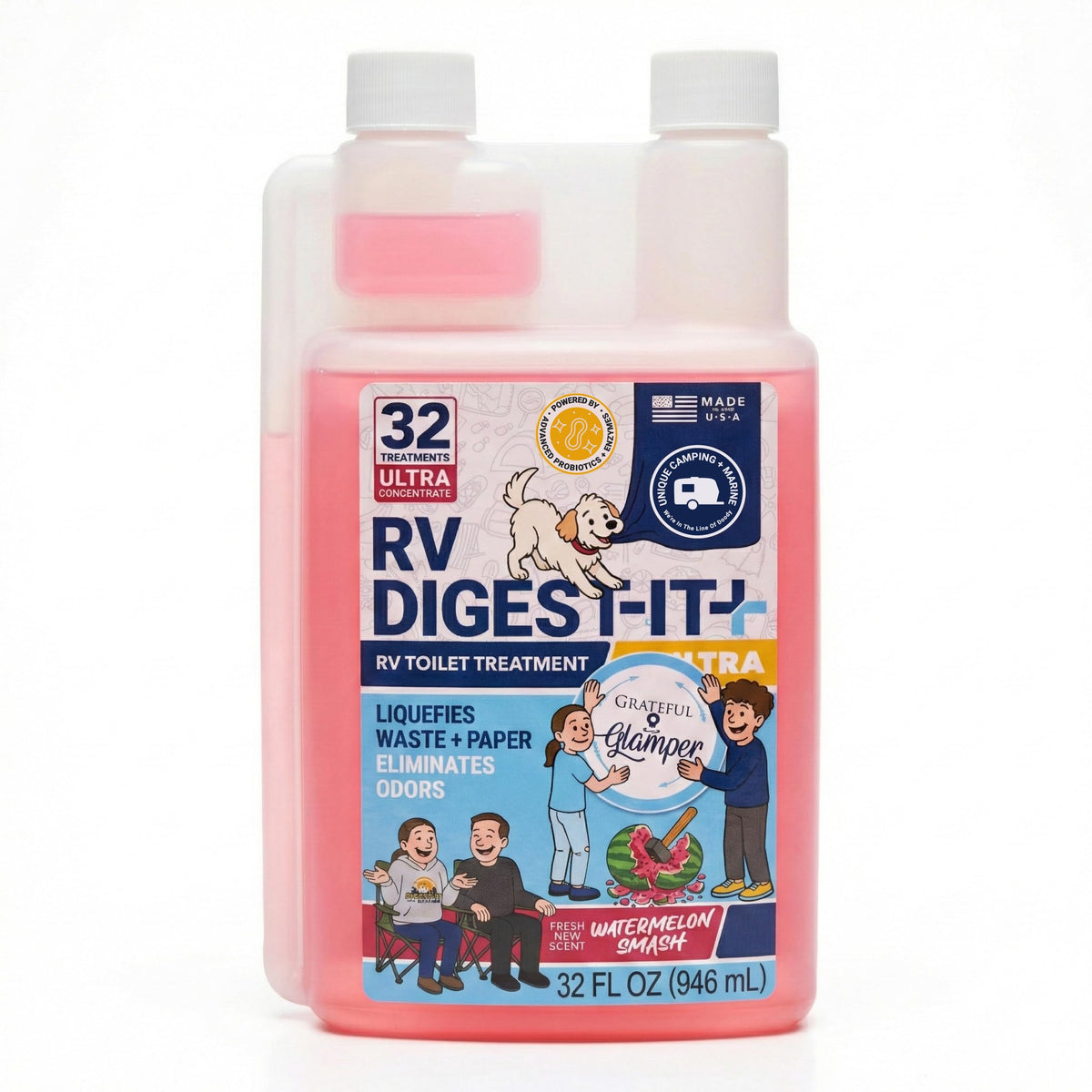 Unique RV Digest-It Ultra bottle pour shows easy measurement for RV tank care.