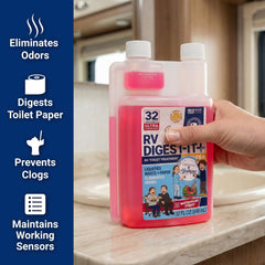 Unique RV Digest-It Ultra label closeup emphasizes product name and scent details.