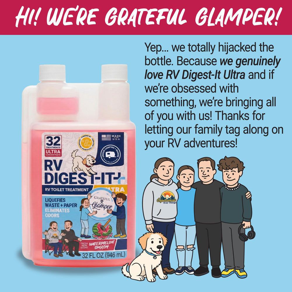 Unique RV Digest-It Ultra odor-control scene suggests pleasant scent during upkeep.