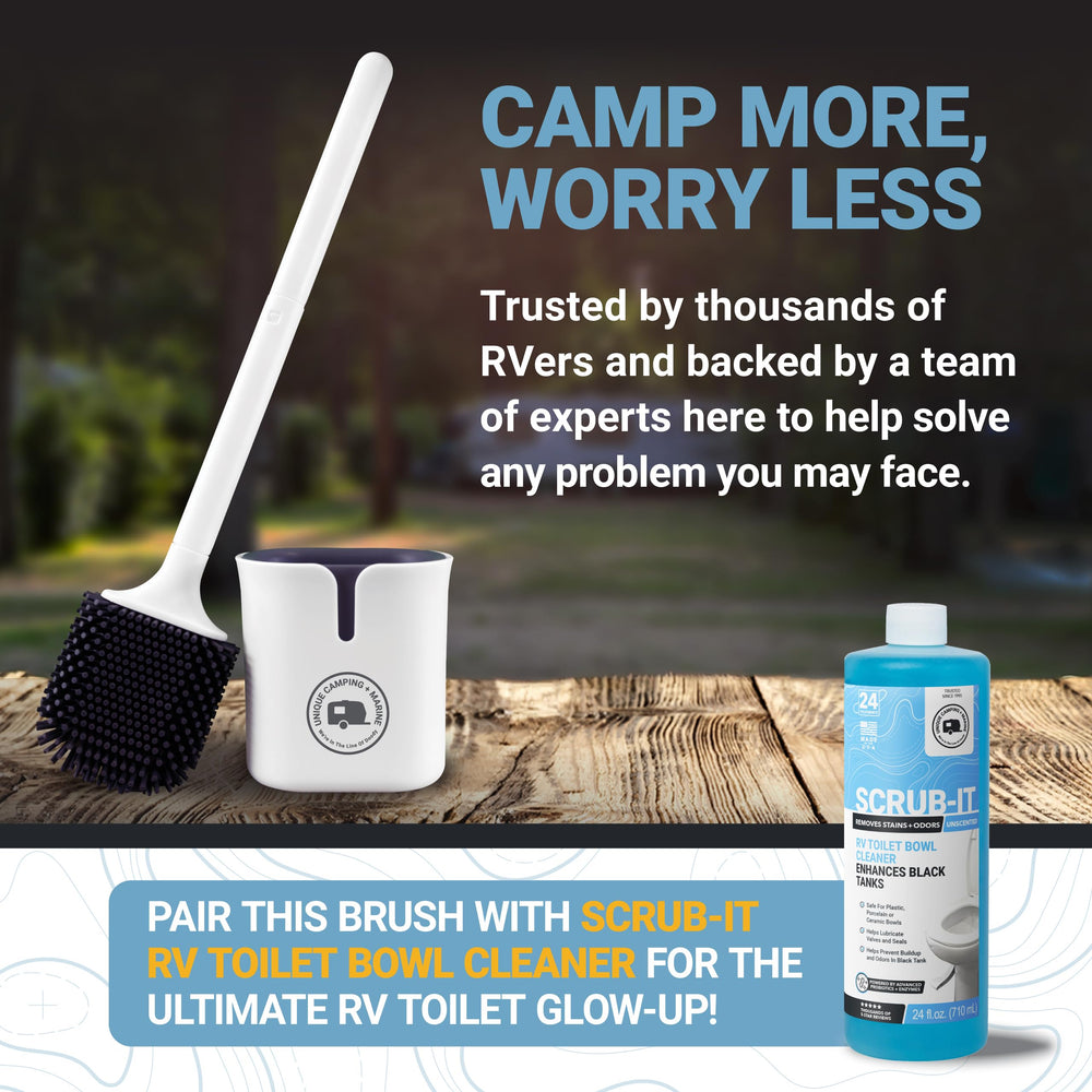 Unique silicone bristles provide deep cleaning for RV toilets.
