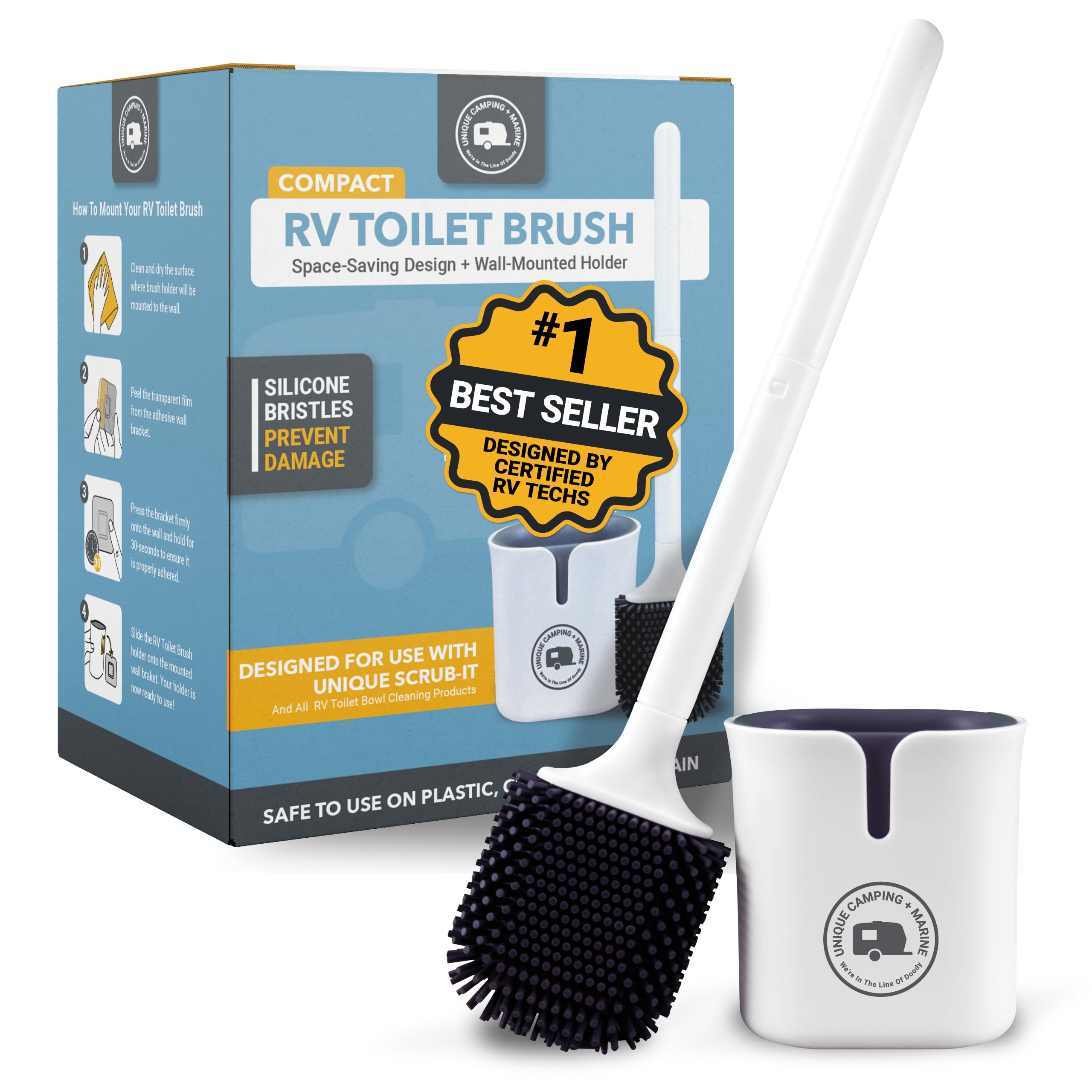 Unique silicone RV toilet brush with flat head for safe cleaning.