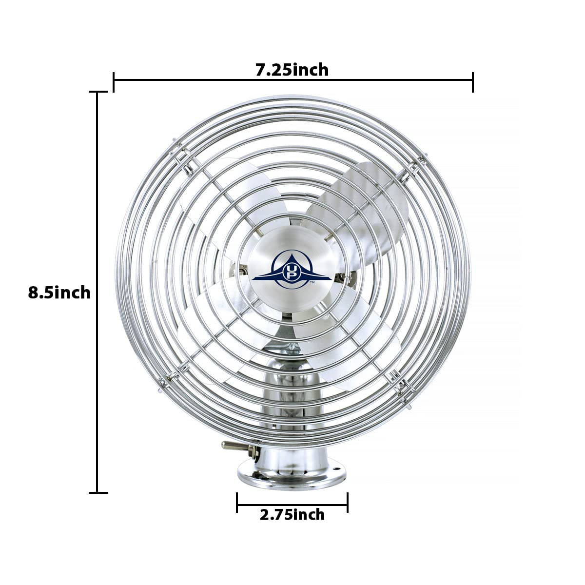 Durable die-cast base on United Pacific 40848 chrome fan