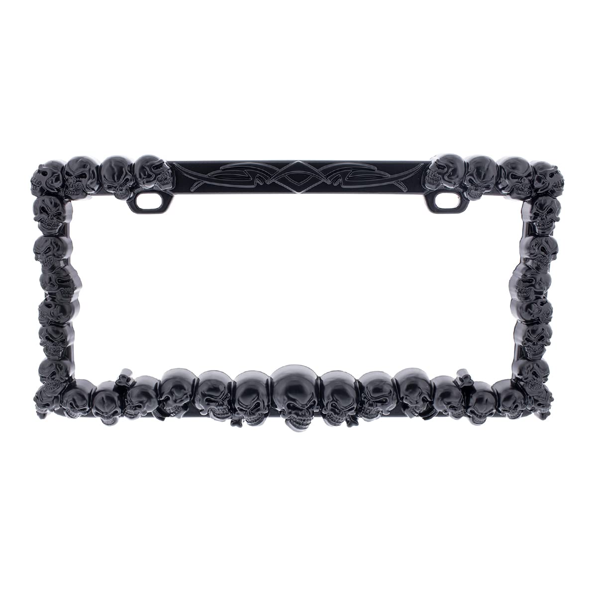 United Pacific black skull license plate frame front view, showcasing durable zinc-die cast construction