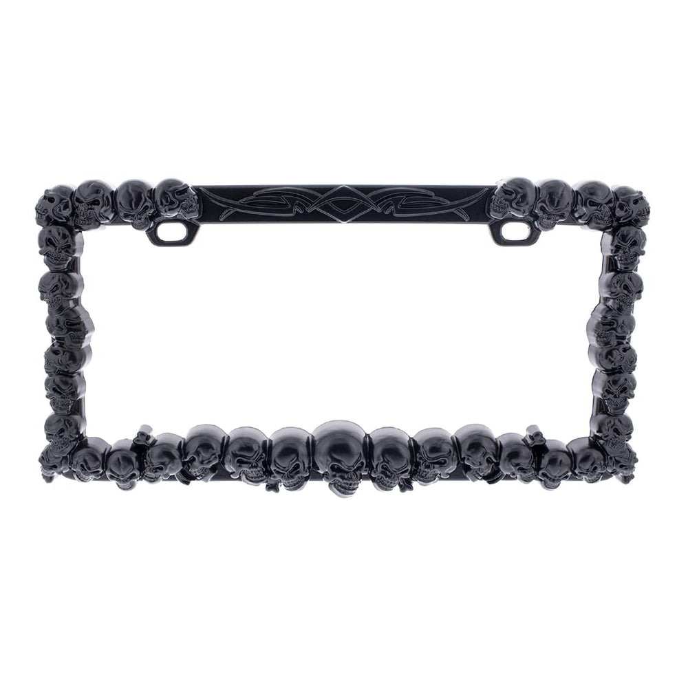 United Pacific black skull license plate frame front view, showcasing durable zinc-die cast construction