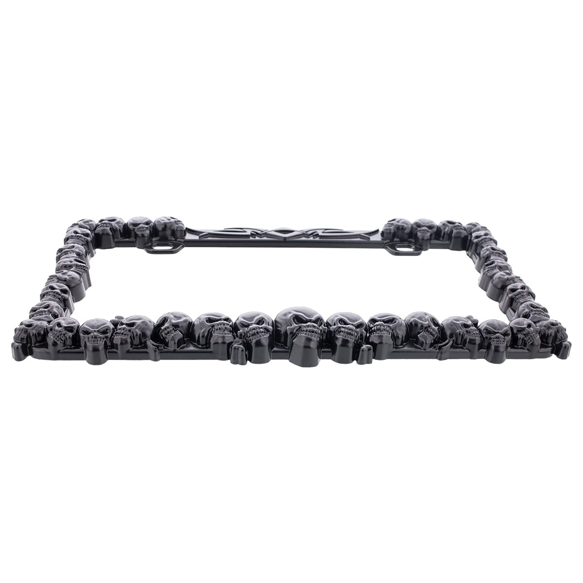 United Pacific black skull license plate frame rear view, built for rugged outdoor use
