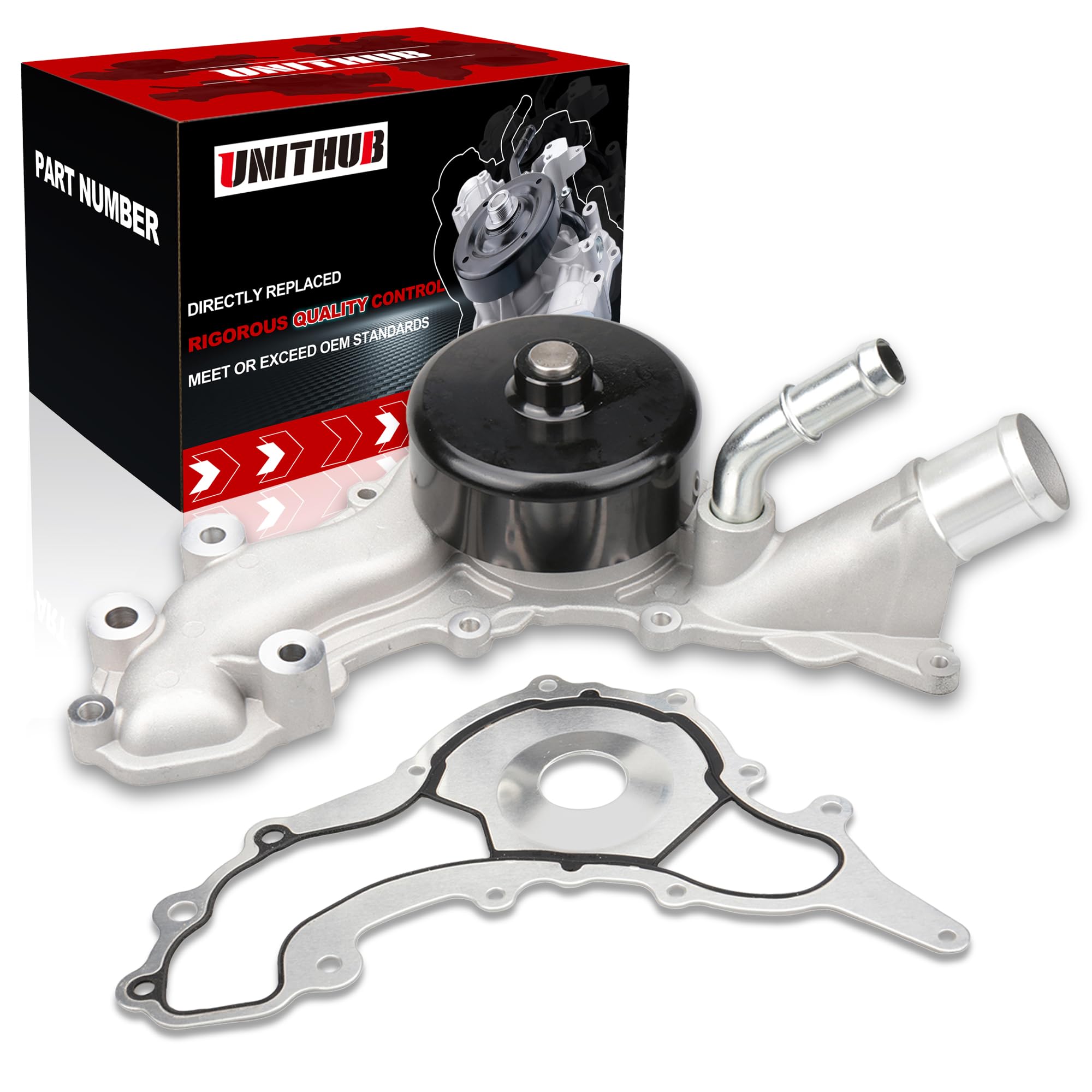 UNITHUB engine water pump left side view with durable die cast housing for reliable cooling
