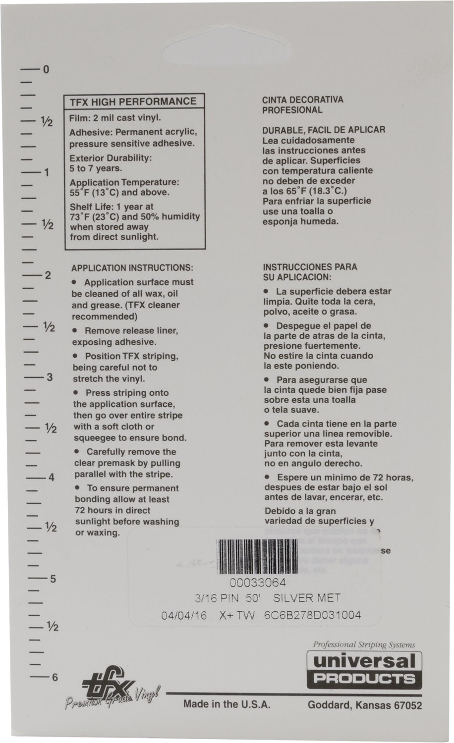 Universal TFX 00033064 1/16 inch stripe and gap design for precise styling.