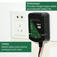 Unocho 12V charger in car use illustrates portable automatic maintenance.