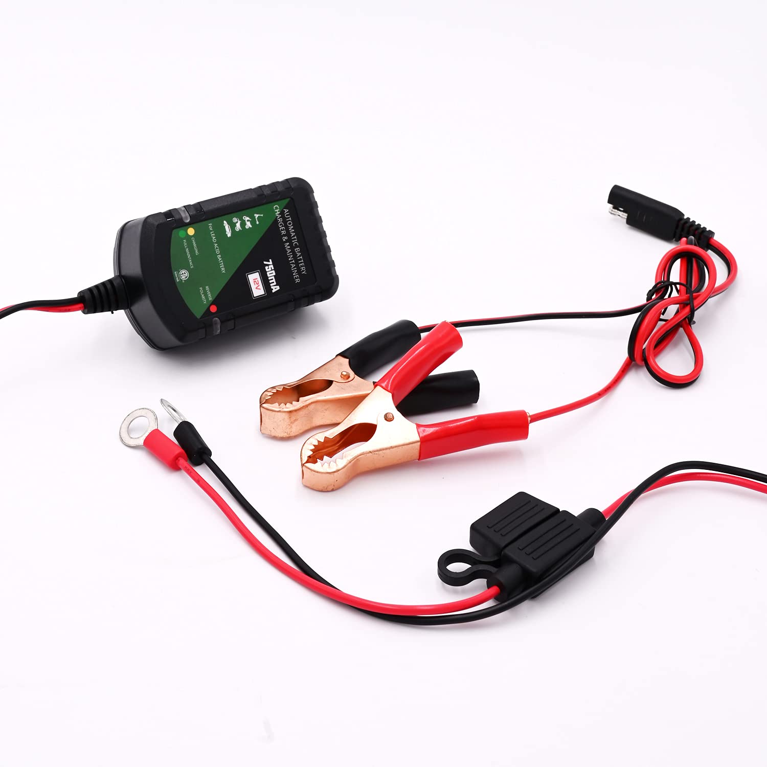 Unocho 12V charger lawn mower use keeps seasonally stored batteries ready.