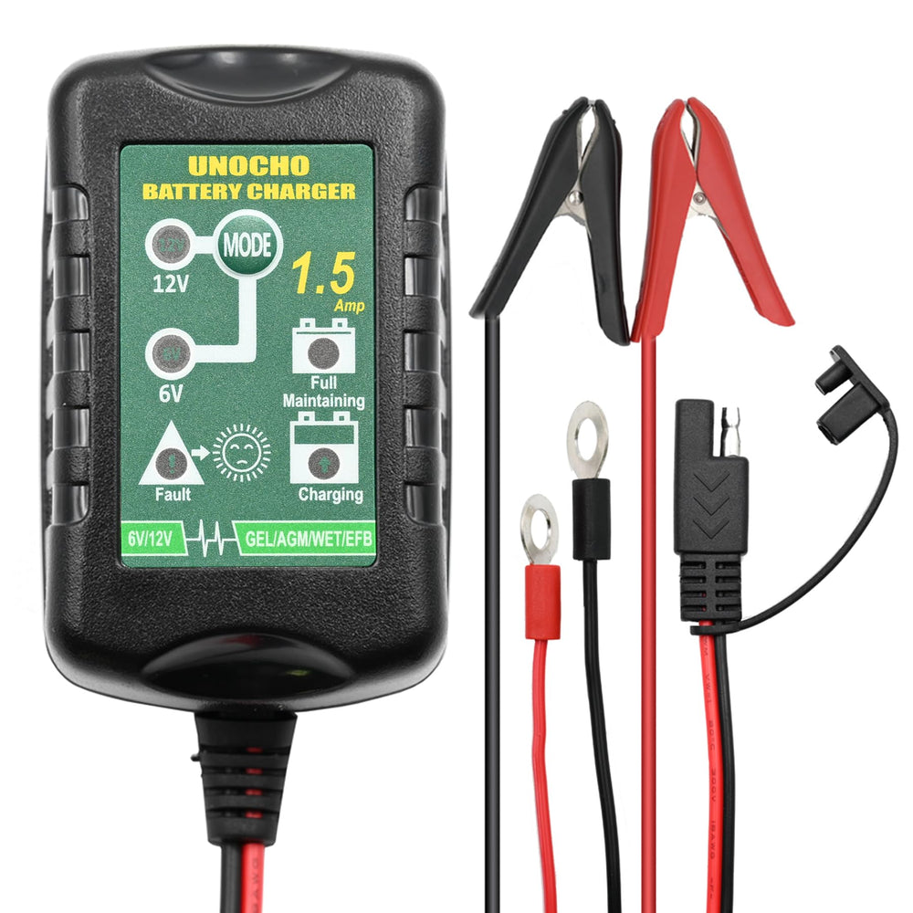 Unocho 6V/12V battery charger front view showing compact design for on-the-go maintenance.