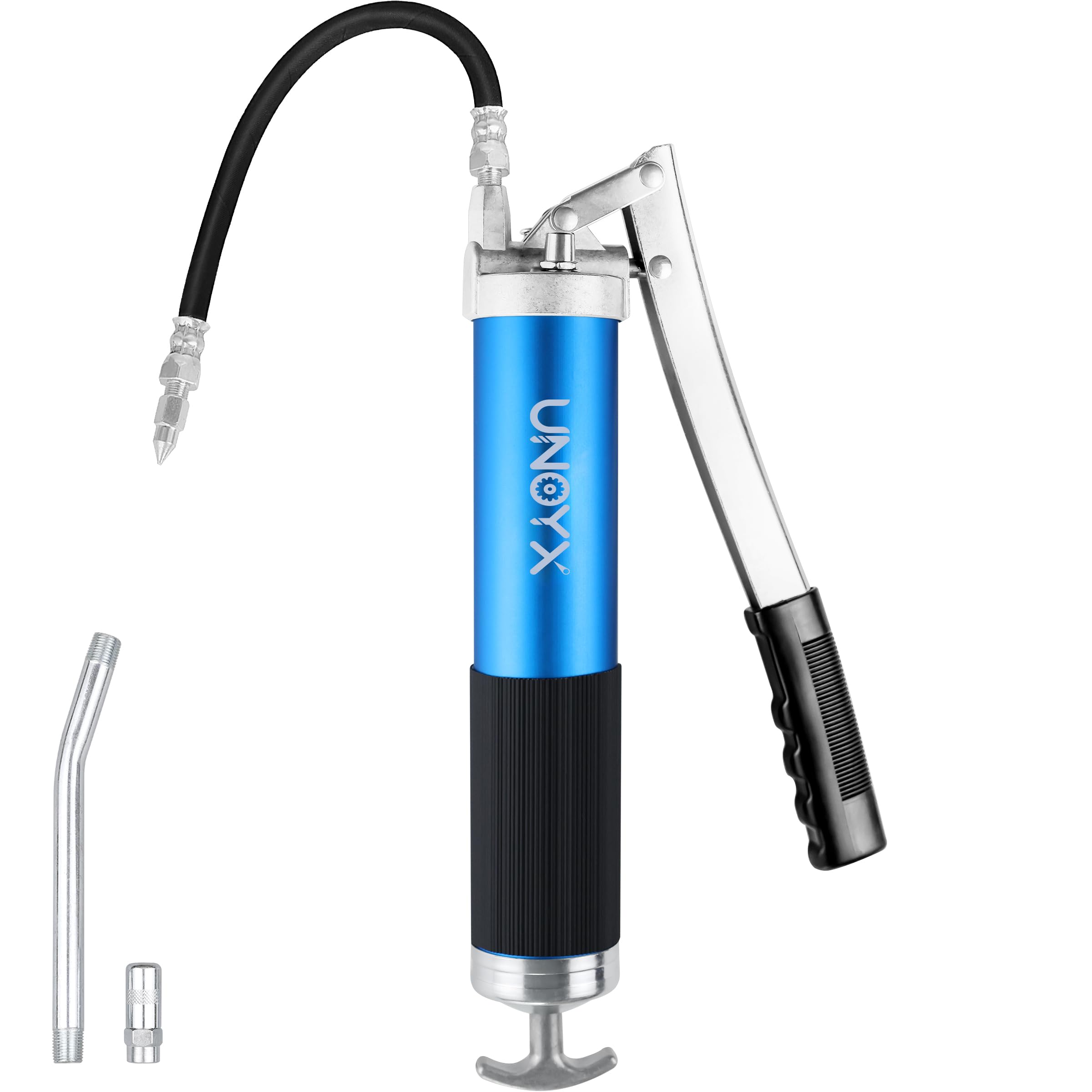 UNOYX 8000 PSI grease gun with hose for high-pressure lubrication in tough-access areas.