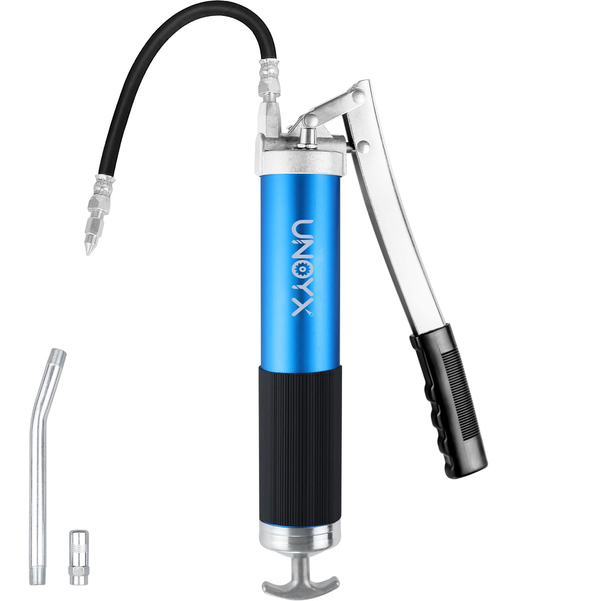 UNOYX 8000 PSI grease gun with hose for high-pressure lubrication in tough-access areas.