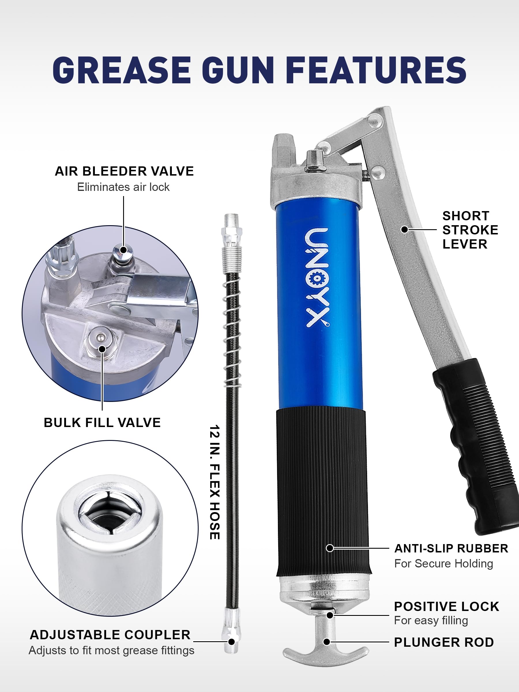 UNOYX lever-action grease gun shows heavy-duty construction for demanding tasks.