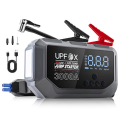 UPFOX 3000A jump starter front view for roadside emergencies with compact power.