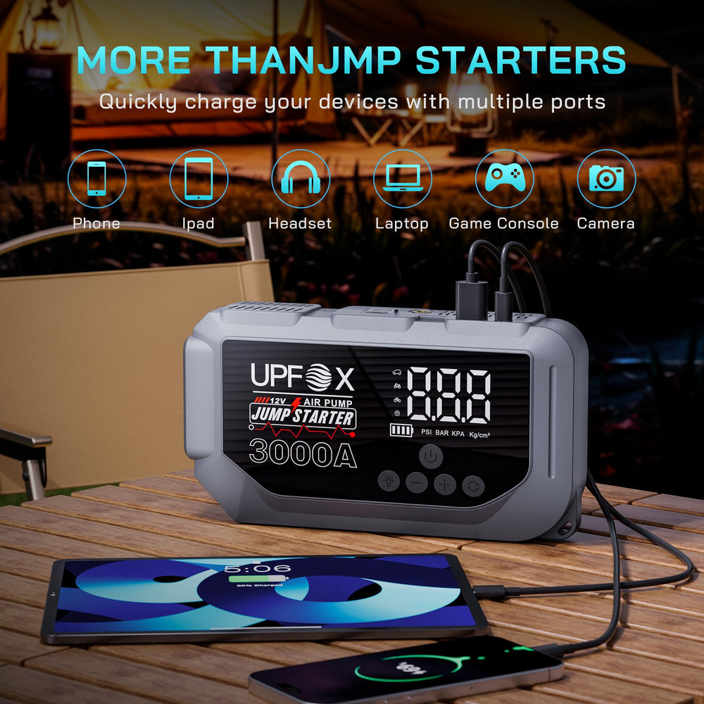 UPFOX USB outputs charge phones and tablets on the go.