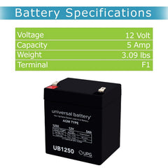 UPG UB1250 5Ah capacity powering compact devices and backups.